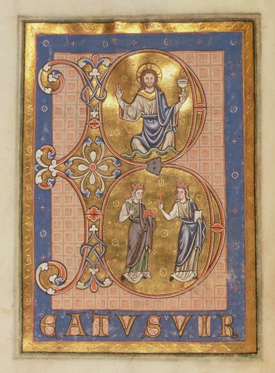 Iniziale B raffigurante, in alto: Cristo seduto, in basso: due donne che rappresentano Misericordia e Verità, dal Peterborough Psalter, c.1260 da English School